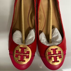 Tory Burch Red and Pink Logo Ballet Flats